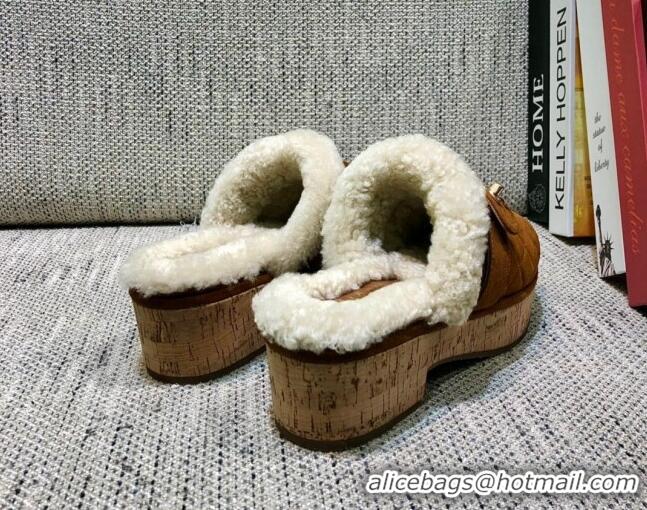 Discount Chanel Suede and Shearling Clogs Mules 4.5cm G38271 Brown