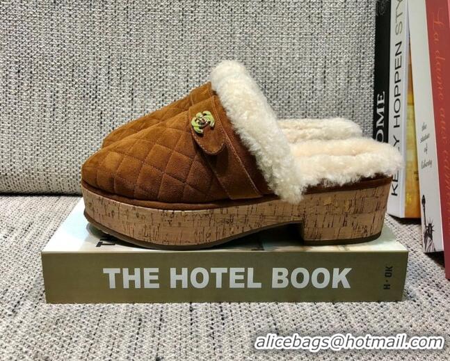 Discount Chanel Suede and Shearling Clogs Mules 4.5cm G38271 Brown