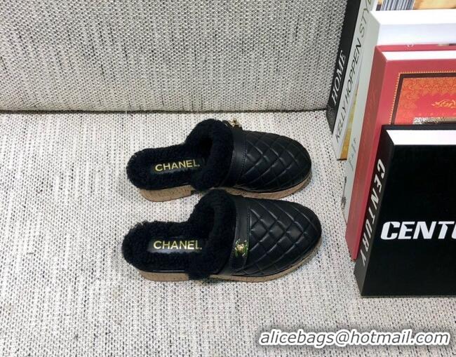 Best Luxury Chanel Lambskin and Shearling Clogs Mules 4.5cm G38271 Black