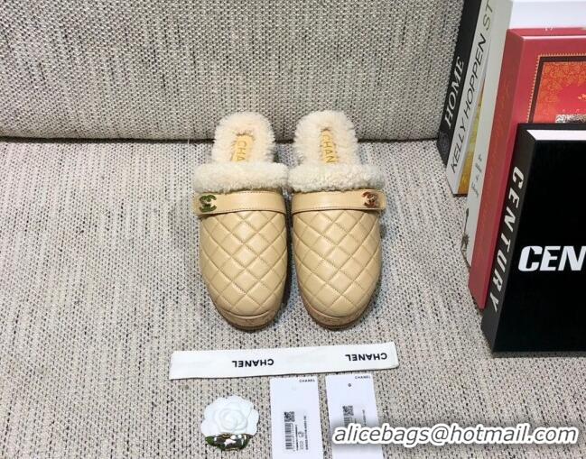 Top Quality Chanel Lambskin and Shearling Clogs Mules 4.5cm G38271 Apricot