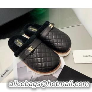 Popular Chanel Lambskin and Shearling Flat Mules 4.5cm 092348 Black