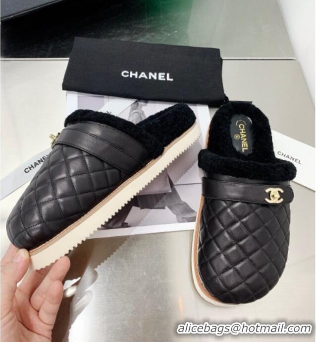 Popular Chanel Lambskin and Shearling Flat Mules 4.5cm 092348 Black