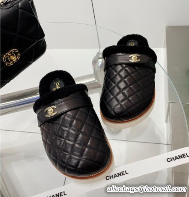 Popular Chanel Lambskin and Shearling Flat Mules 4.5cm 092348 Black