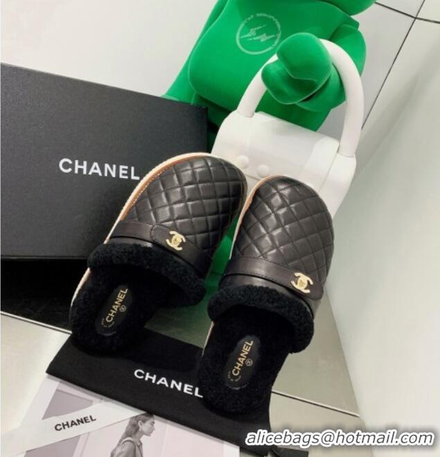 Popular Chanel Lambskin and Shearling Flat Mules 4.5cm 092348 Black