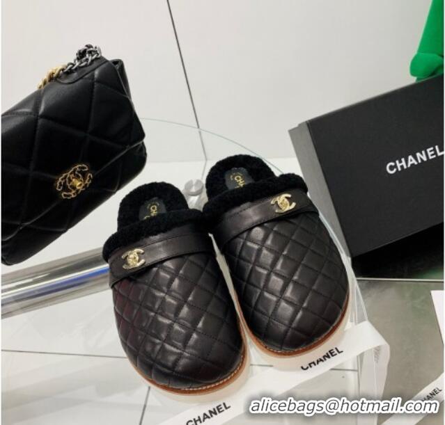 Popular Chanel Lambskin and Shearling Flat Mules 4.5cm 092348 Black