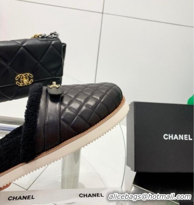 Popular Chanel Lambskin and Shearling Flat Mules 4.5cm 092348 Black