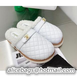 Super Quality Chanel Lambskin and Shearling Flat Mules 4.5cm 092348 White