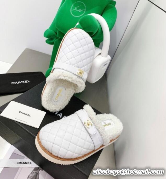 Super Quality Chanel Lambskin and Shearling Flat Mules 4.5cm 092348 White