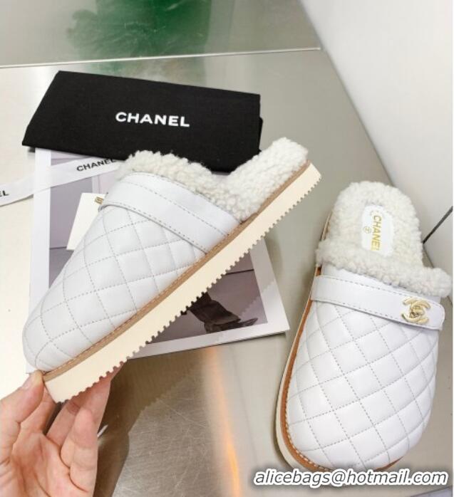 Super Quality Chanel Lambskin and Shearling Flat Mules 4.5cm 092348 White