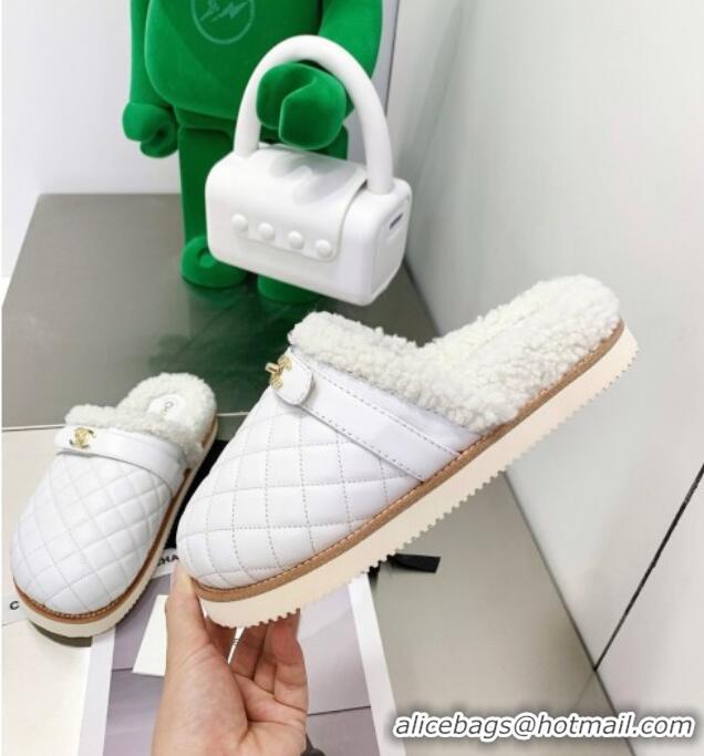 Super Quality Chanel Lambskin and Shearling Flat Mules 4.5cm 092348 White