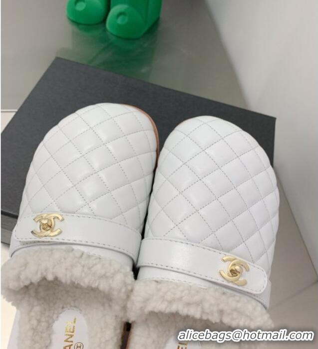 Super Quality Chanel Lambskin and Shearling Flat Mules 4.5cm 092348 White