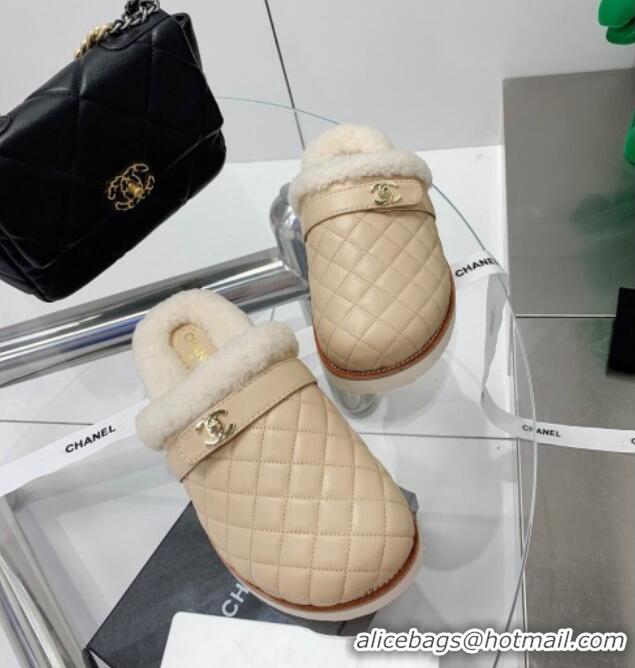 Low Price Chanel Lambskin and Shearling Flat Mules 4.5cm 092348 Apricot