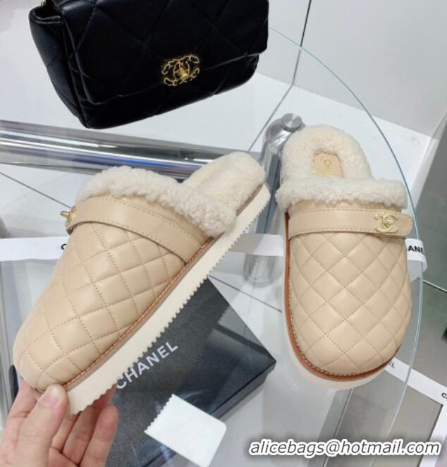 Low Price Chanel Lambskin and Shearling Flat Mules 4.5cm 092348 Apricot