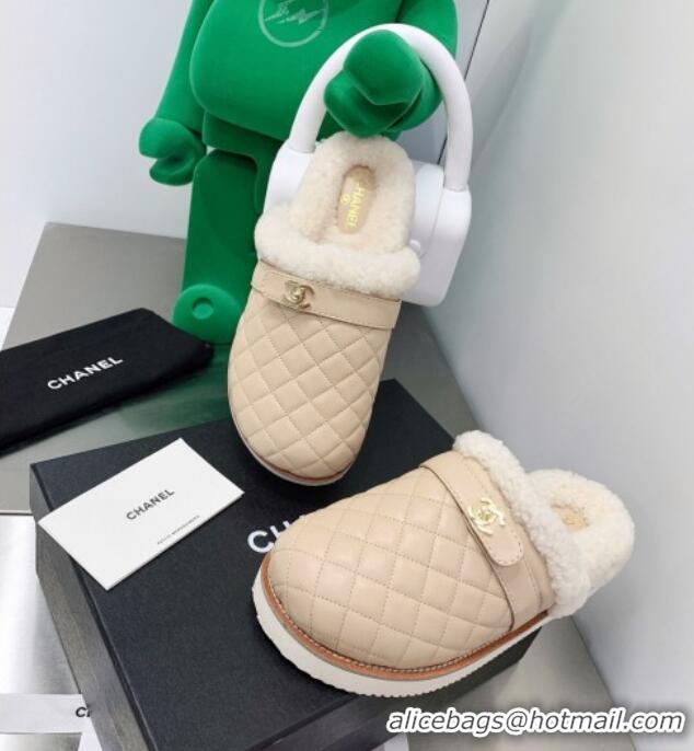 Low Price Chanel Lambskin and Shearling Flat Mules 4.5cm 092348 Apricot