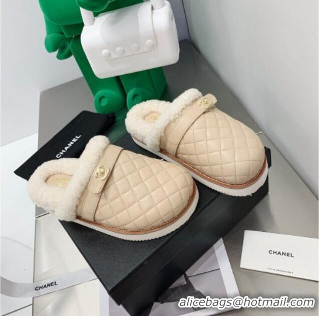 Low Price Chanel Lambskin and Shearling Flat Mules 4.5cm 092348 Apricot