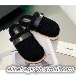 New Design Chanel Suede and Shearling Flat Mules 4.5cm 092351 Black