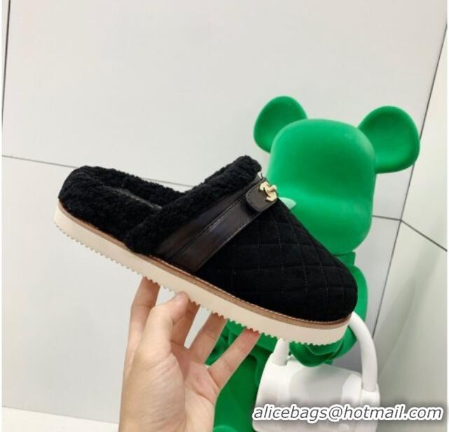 New Design Chanel Suede and Shearling Flat Mules 4.5cm 092351 Black