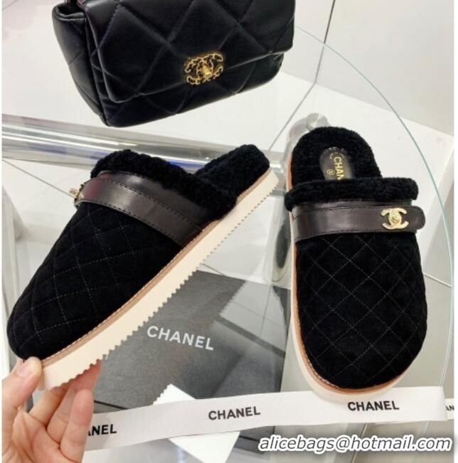 New Design Chanel Suede and Shearling Flat Mules 4.5cm 092351 Black