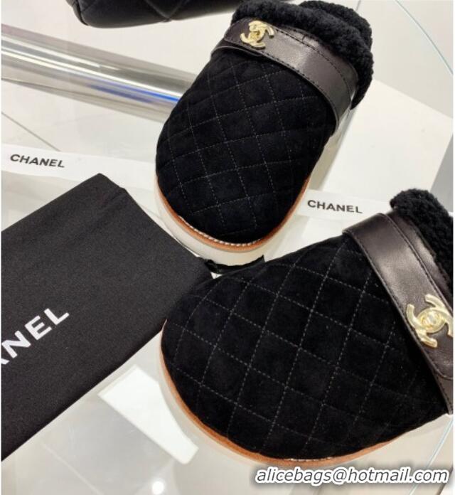 New Design Chanel Suede and Shearling Flat Mules 4.5cm 092351 Black