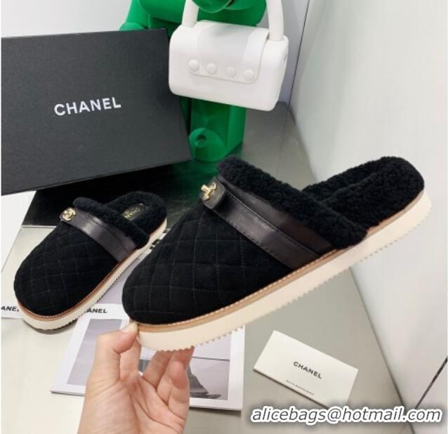 New Design Chanel Suede and Shearling Flat Mules 4.5cm 092351 Black