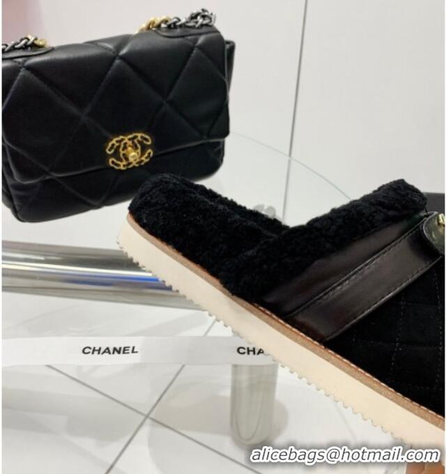 New Design Chanel Suede and Shearling Flat Mules 4.5cm 092351 Black