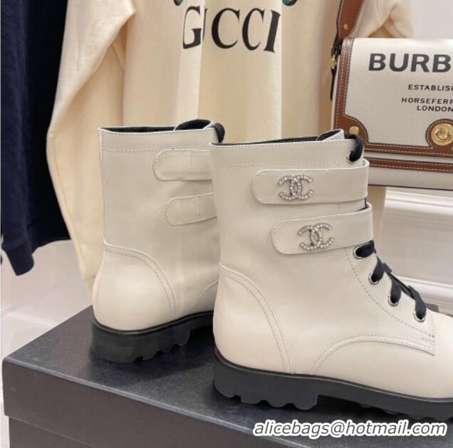 Hot Style Chanel Calfskin Ankle Boots with CC Strap 092352 White