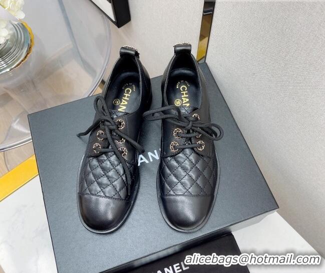 Luxury Chanel 19 Quilted Lambskin Lace-ups with CC Back Black 092355