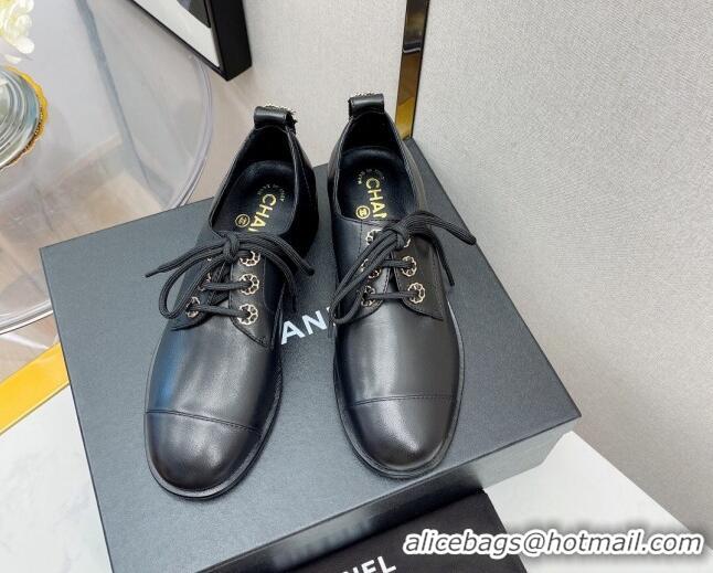 Stylish Chanel 19 Calfskin Lace-ups with CC Back Black 092358