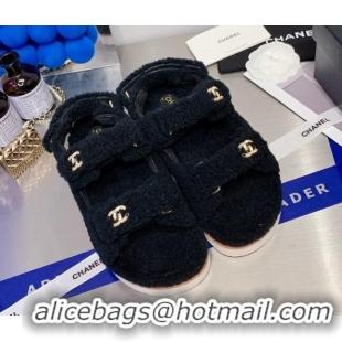 Luxury Chanel Shearling Flat Sandals G35927 Black