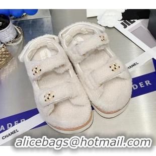 Discount Chanel Shearling Flat Sandals G35927 White