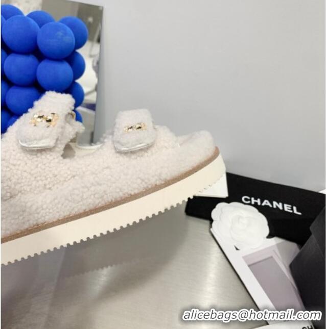 Discount Chanel Shearling Flat Sandals G35927 White