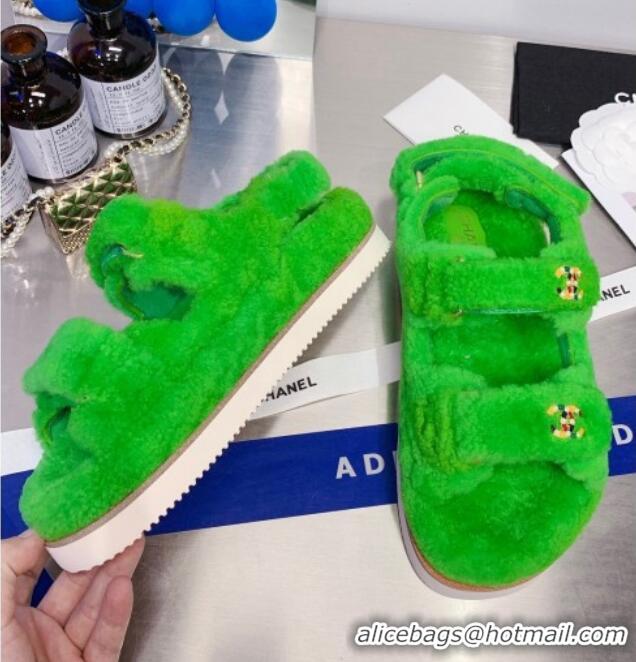 Comfortable Chanel Shearling Flat Sandals G35927 Green