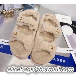 Best Price Chanel Shearling Flat Sandals G35927 Beige