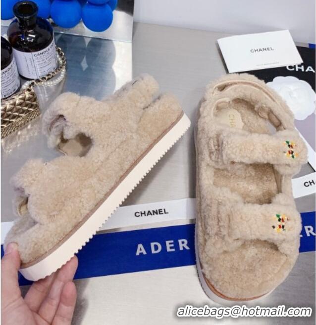 Best Price Chanel Shearling Flat Sandals G35927 Beige