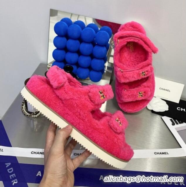 Low Cost Chanel Shearling Flat Sandals G35927 Hot Pink