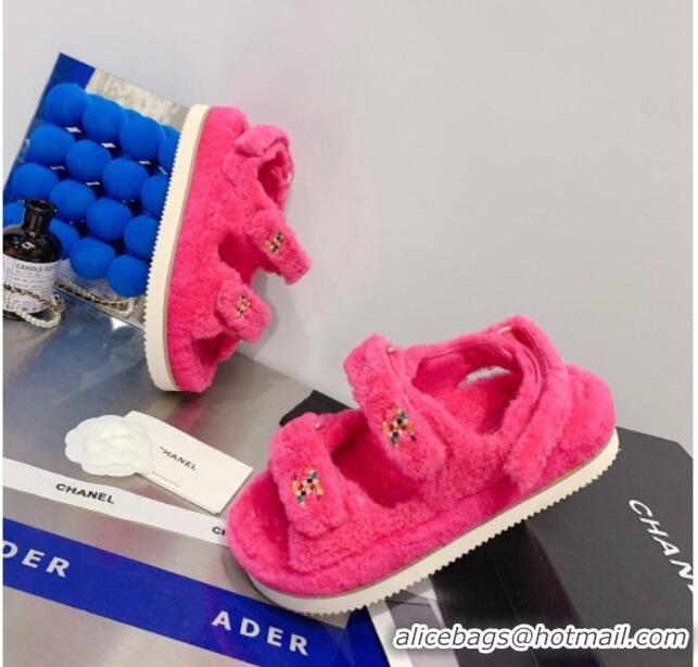 Low Cost Chanel Shearling Flat Sandals G35927 Hot Pink