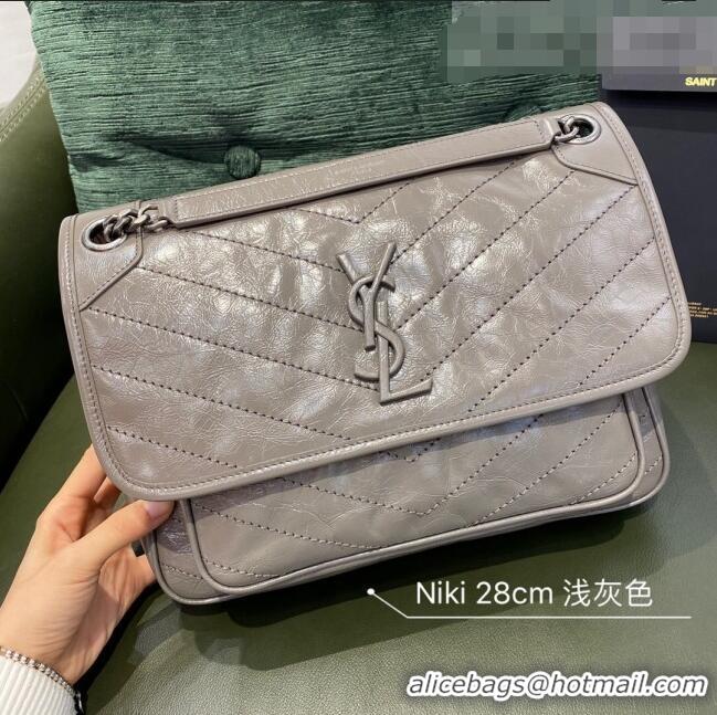 Shop Grade Saint Laurent Niki Medium Bag in Crinkled Vintage Leather 633158 Light Grey 2021