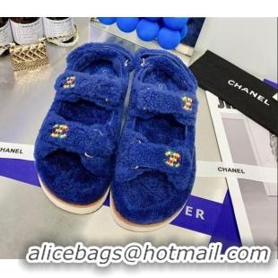 Grade Chanel Shearling Flat Sandals G35927 Navy Blue