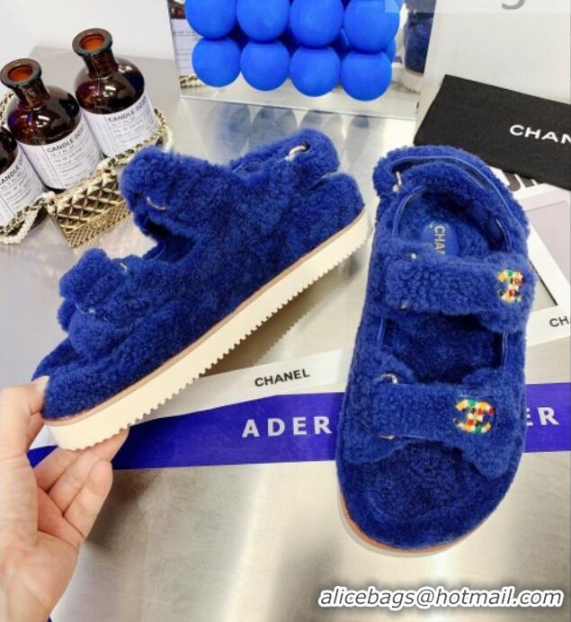 Grade Chanel Shearling Flat Sandals G35927 Navy Blue