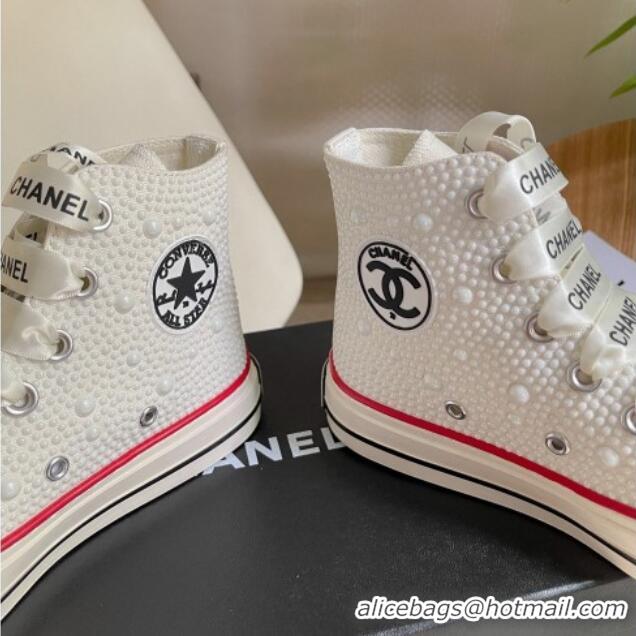 Fashion Chanel x Converse Canvas Pearl Allover High-top Sneakers 092367 White/Red