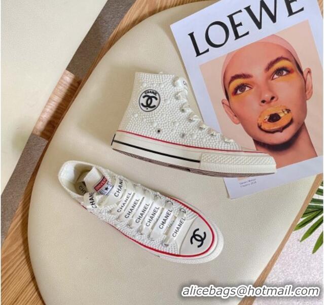 Fashion Chanel x Converse Canvas Pearl Allover High-top Sneakers 092367 White/Red