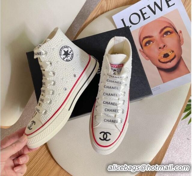 Fashion Chanel x Converse Canvas Pearl Allover High-top Sneakers 092367 White/Red