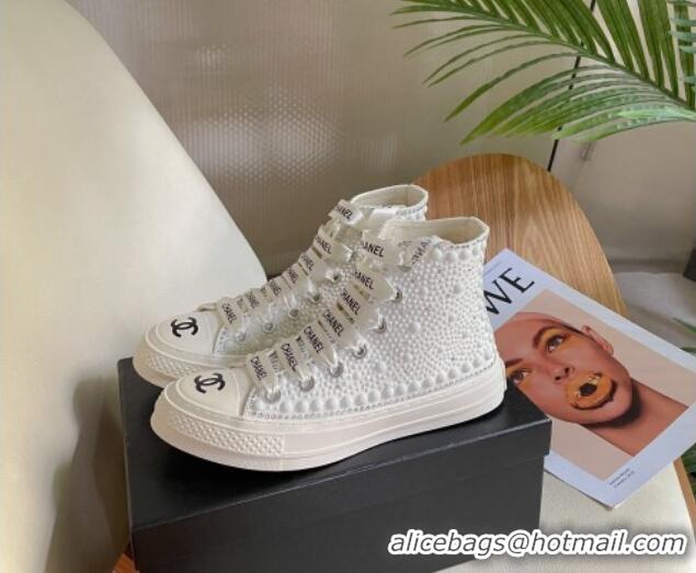 Luxury Chanel x Converse Canvas Pearl Allover High-top Sneakers 092367 White/Black