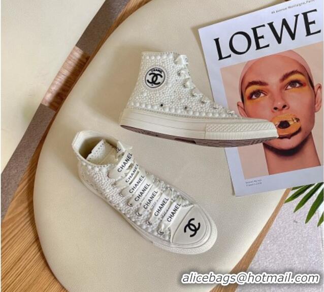 Luxury Chanel x Converse Canvas Pearl Allover High-top Sneakers 092367 White/Black