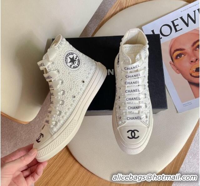 Luxury Chanel x Converse Canvas Pearl Allover High-top Sneakers 092367 White/Black