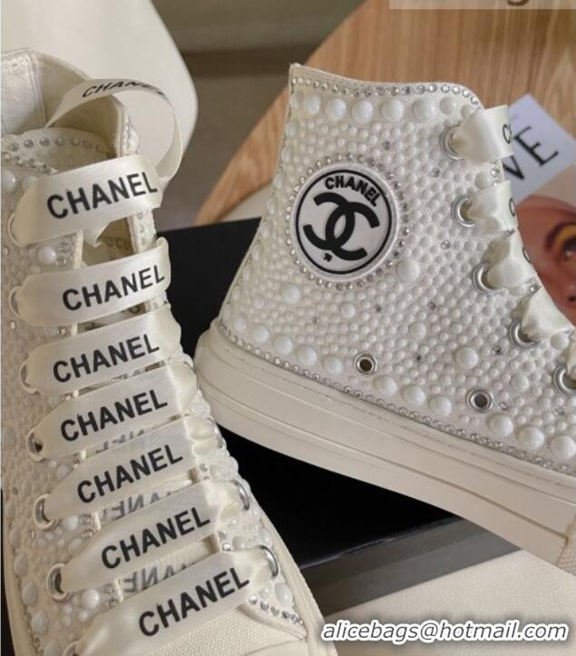 Luxury Chanel x Converse Canvas Pearl Allover High-top Sneakers 092367 White/Black