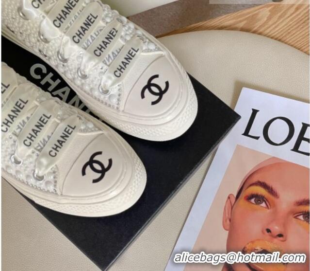 Luxury Chanel x Converse Canvas Pearl Allover High-top Sneakers 092367 White/Black