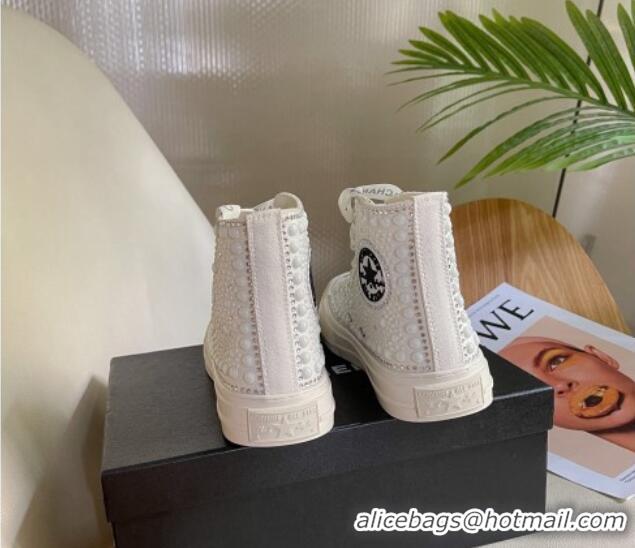 Luxury Chanel x Converse Canvas Pearl Allover High-top Sneakers 092367 White/Black