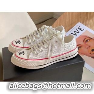 Luxurious Chanel x Converse Canvas Pearl Allover Low-top Sneakers White/Red 092369