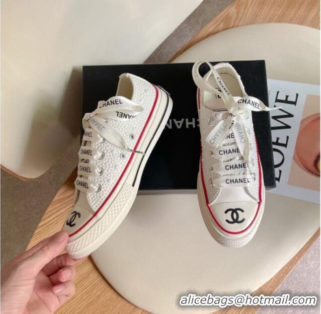 Luxurious Chanel x Converse Canvas Pearl Allover Low-top Sneakers White/Red 092369